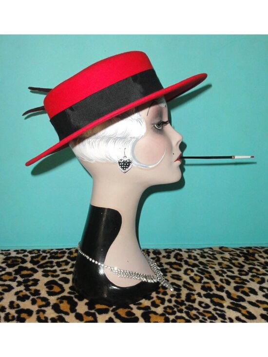 Vintage Red Wool Church Hat w/ Feathers pinup retro rockabilly Kentucky Derby main image 4